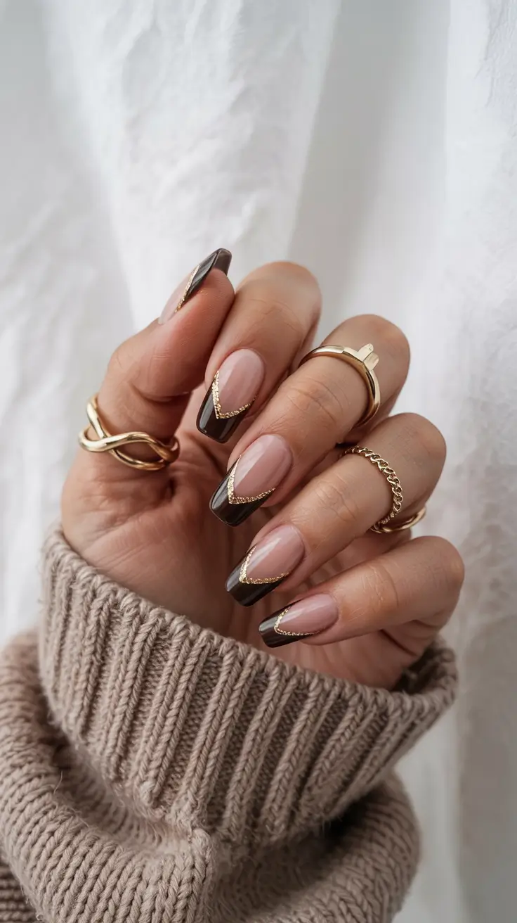 Fall Nail design and Color for November 2025 Chic Chevron French with Golden Lining