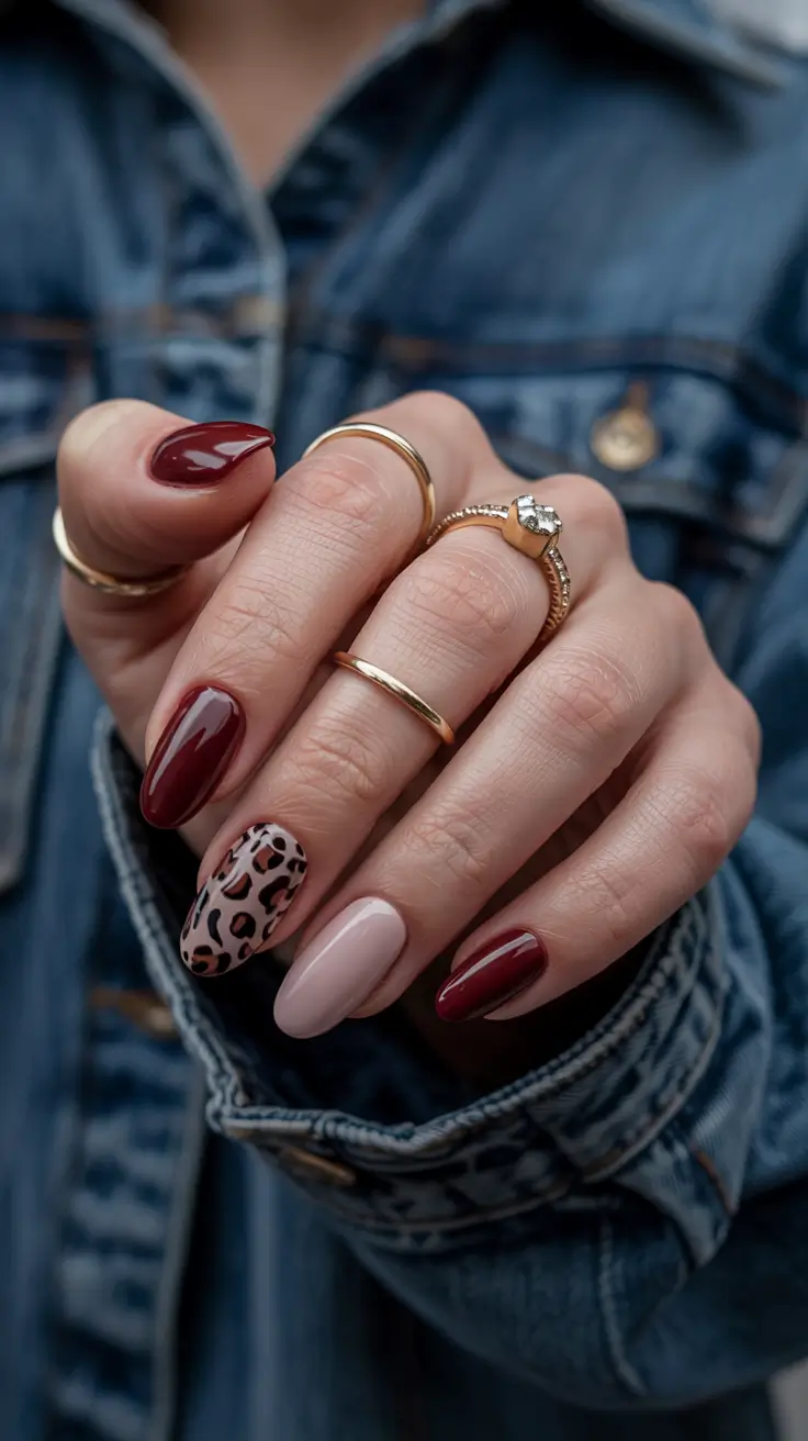 Fall Nail design and Color for November 2025 Wine and Leopard Mix for Bold Vibes
