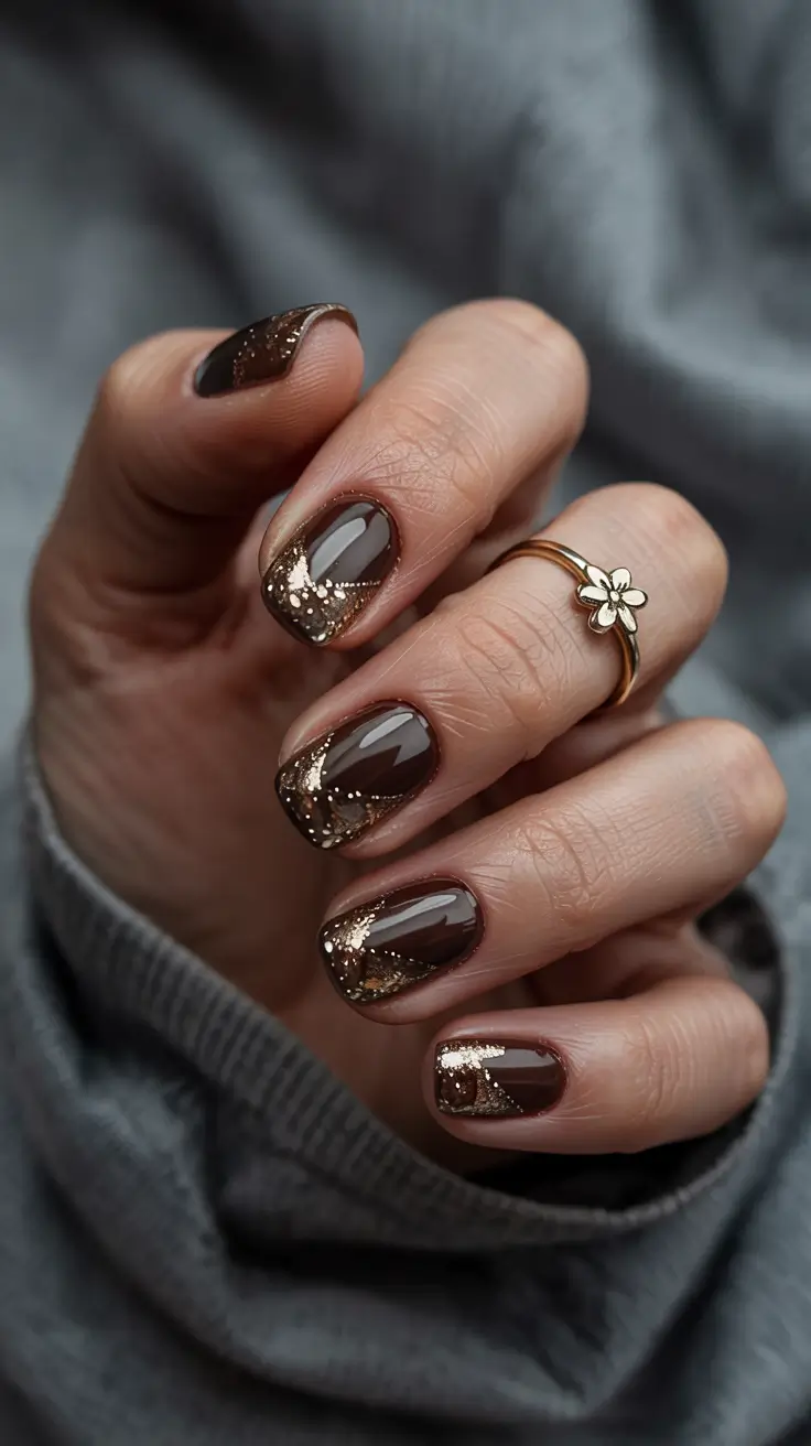 Fall Nail design and Color for November 2025 Golden Spark on Chocolate Shorties
