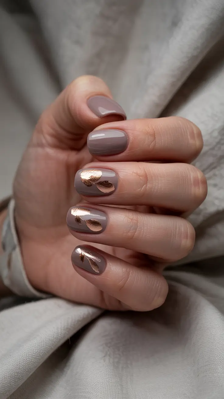 Fall Nail design and Color for November 2025 Muted Taupe with Metallic Leaf Accents