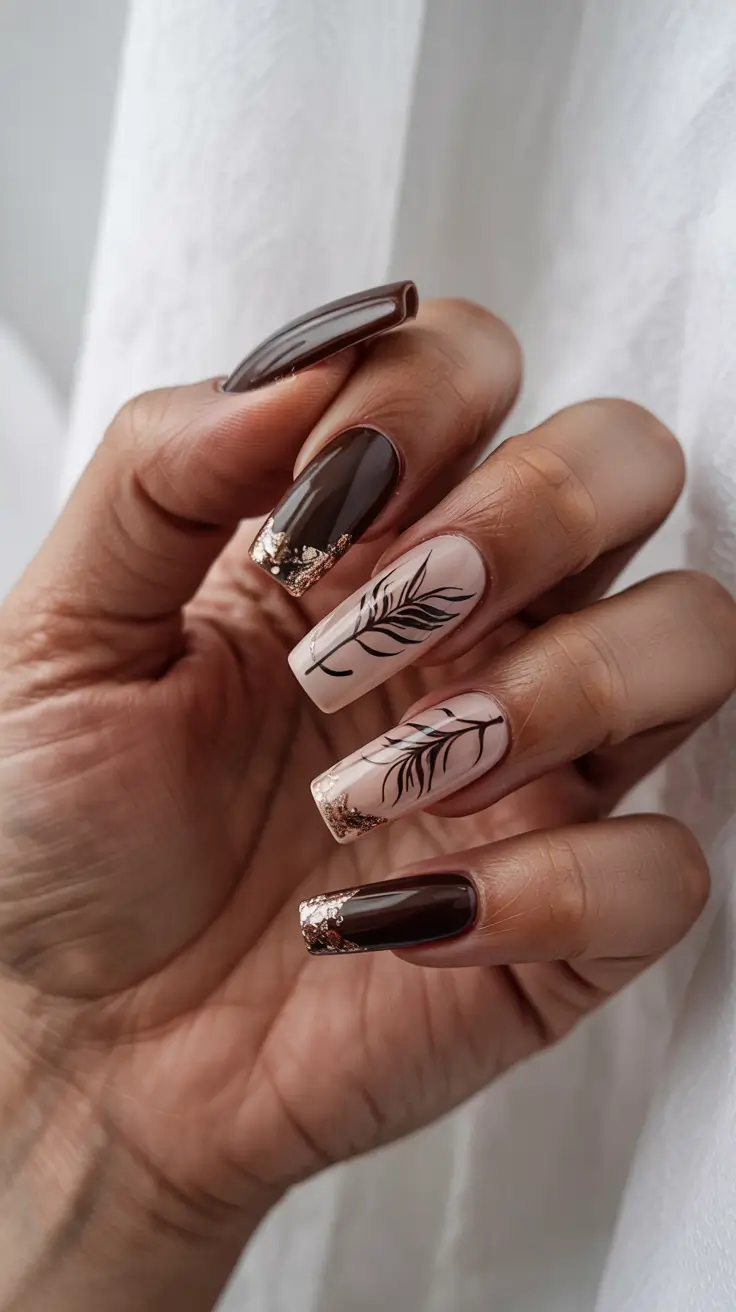 Fall Nail design and Color for November 2025 Elegant Chocolate Brown with Leafy Details