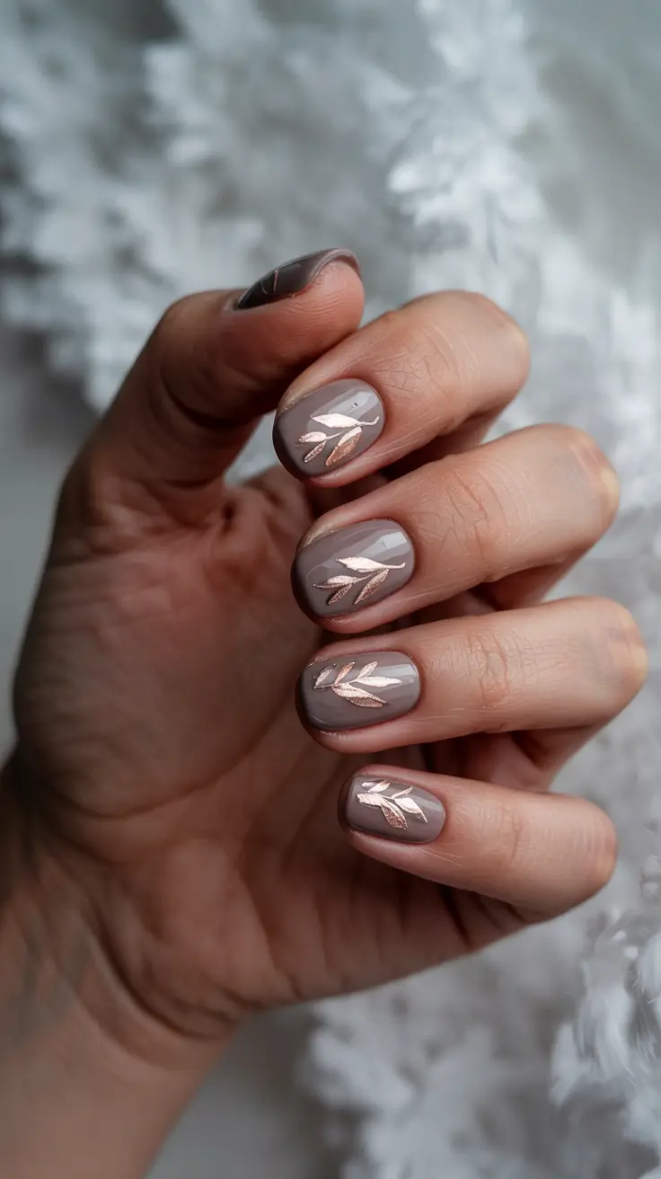 Fall Nail design and Color for November 2025 Delicate Leaf Foils on Taupe