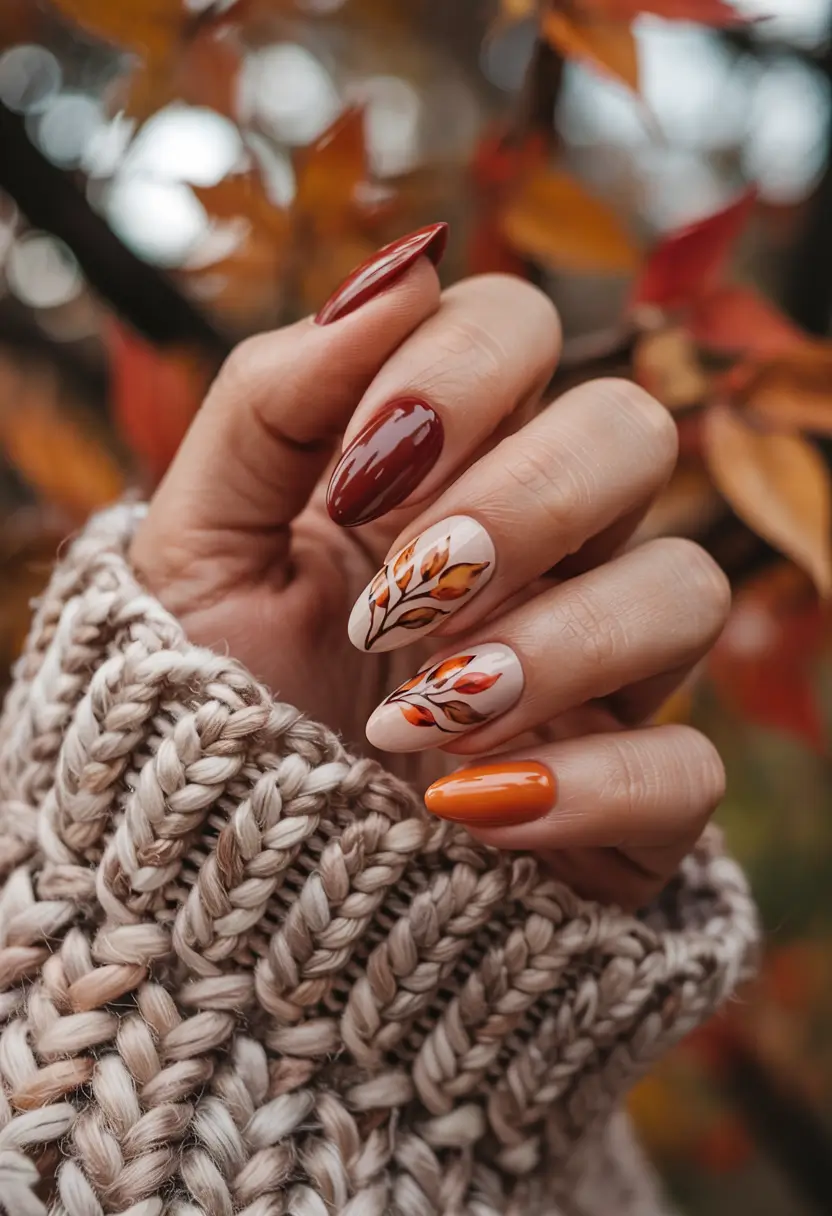 Fall Nail design and Color for November 2025 Cozy Rust and Wine Leaf Accents