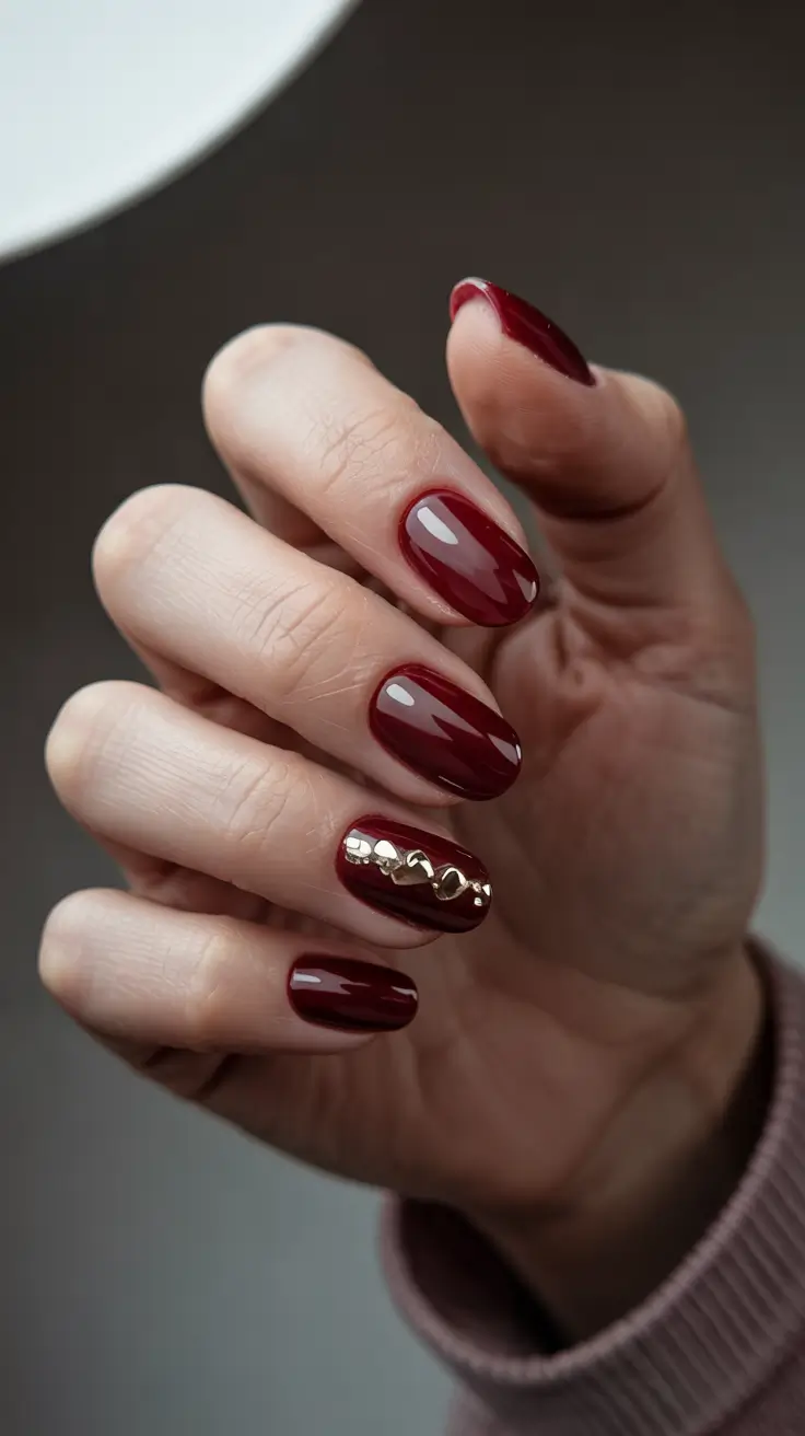 Fall Nail design and Color for November 2025 Deep Crimson with Golden Accents