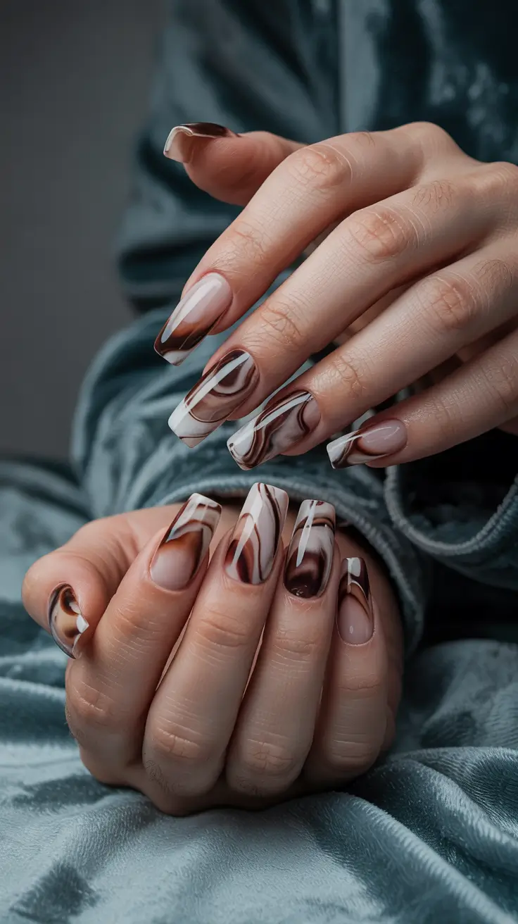 Fall Nail design and Color for November 2025 Swirled Marble Coffee Vibes