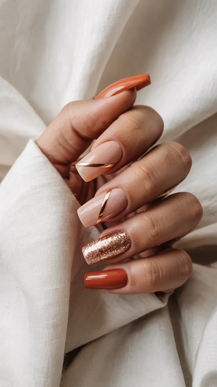 Fall Nail design and Color for November 2025 Golden Stripes and Burnt Copper Glam