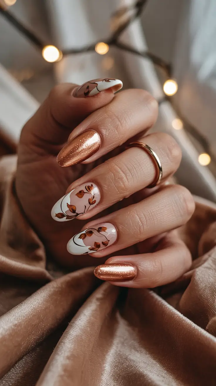 Fall Nail design and Color for November 2025 Copper Glow and Delicate Autumn Leaves