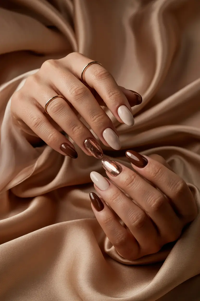Fall Nail design and Color for November 2025 Mixed Neutrals with Metallic Accents