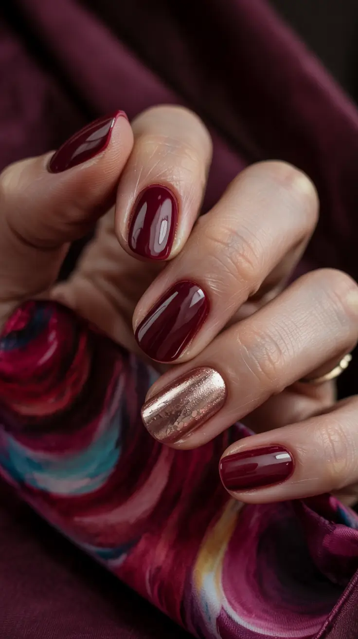 fall/winter nails color Ruby And Rose Gold Accent