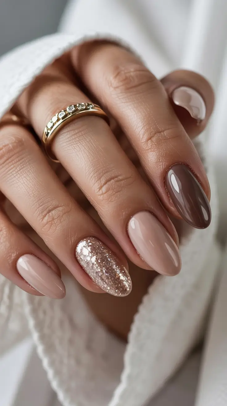 fall/winter nails color Warm Neutrals with a Hint of Sparkle