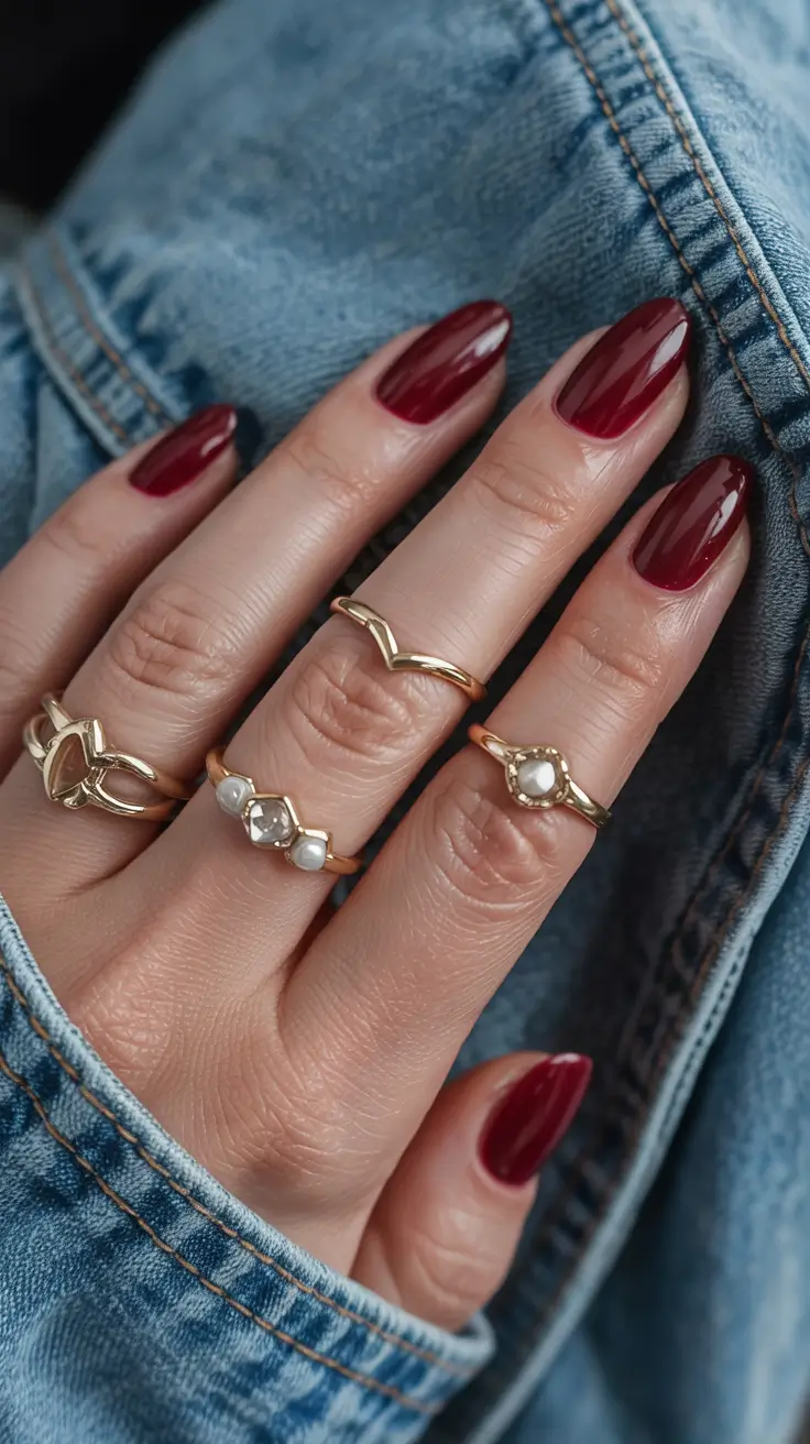 fall/winter nails color Classic Burgundy With a Denim Edge
