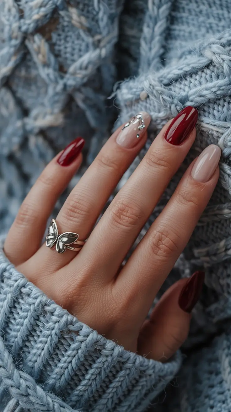 fall/winter nails color Deep Ruby and Crystal Accents