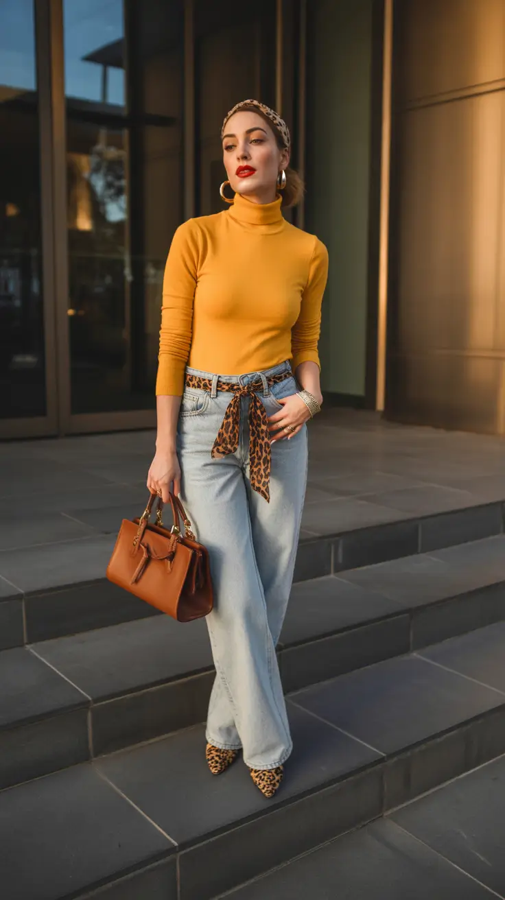 fashion outfits 2026 Warm Mustard Tones and Leopard Accents