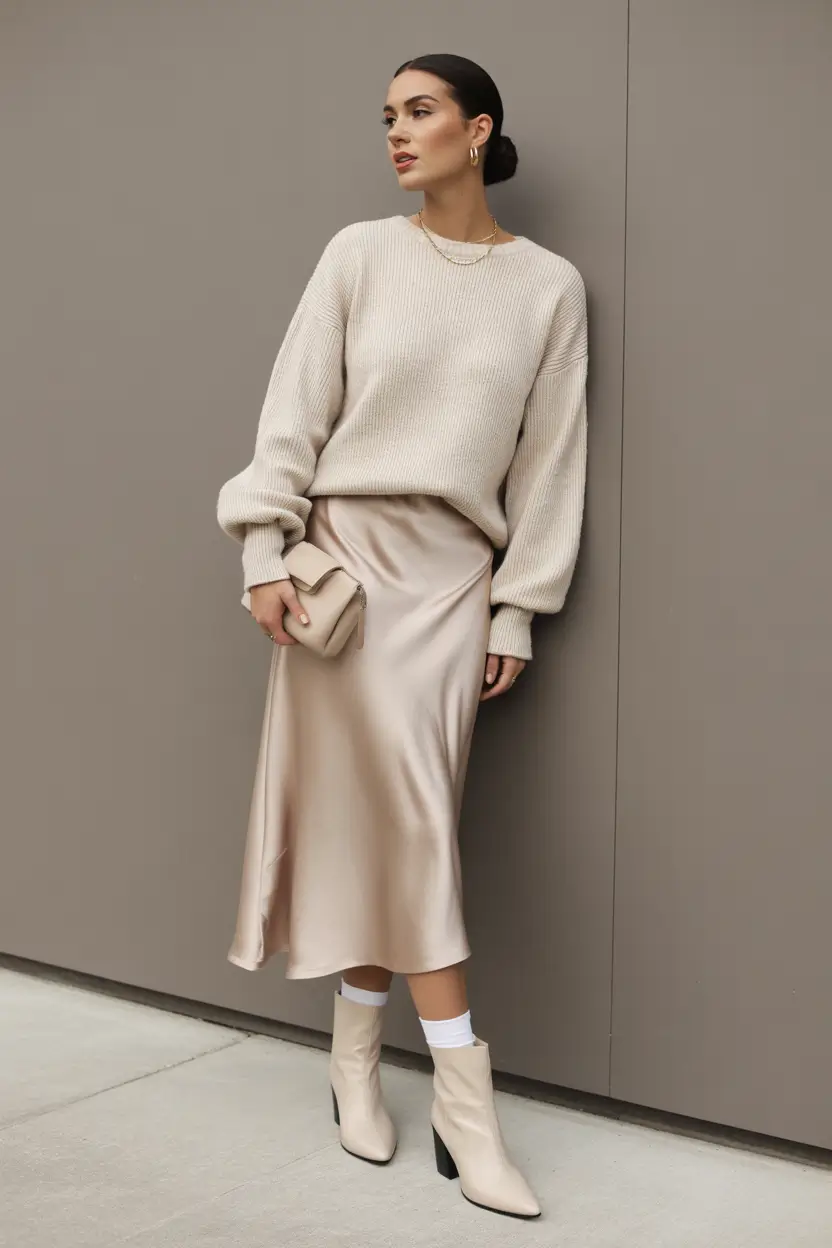 fashion outfits 2026 Minimal Luxe in Satin and Knit