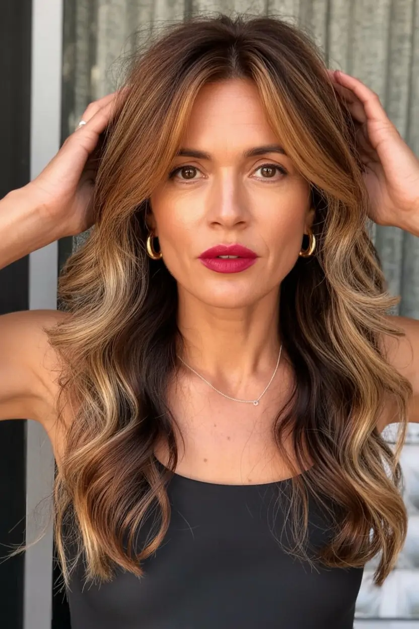 winter hairstyles and color for women over 40 Warm Ribbon Balayage with Soft Waves