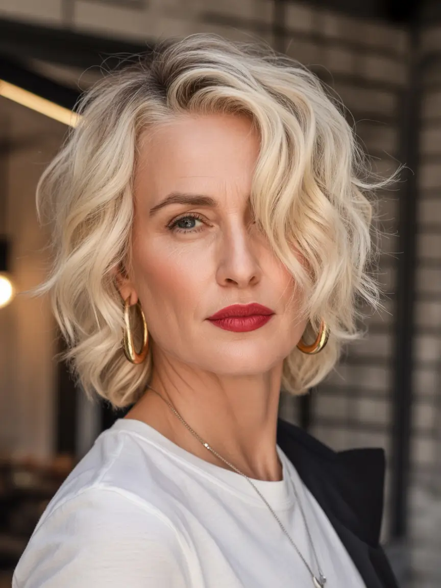 winter hairstyles and color for women over 40 Short Blonde Waves with Bold Texture