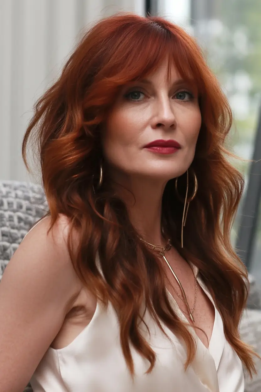 winter hairstyles and color for women over 40 Copper Layers with Soft Curtain Bangs