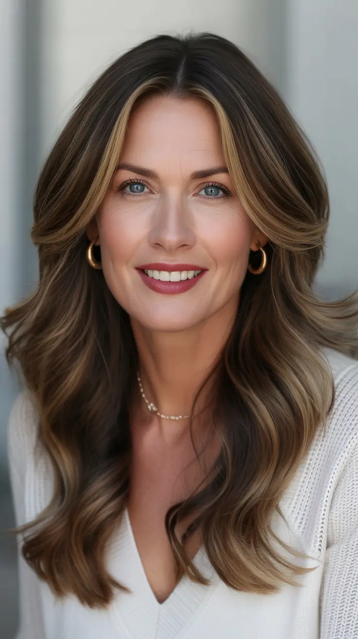 winter hairstyles and color for women over 40 Face-Framing Highlights with Glossy Waves