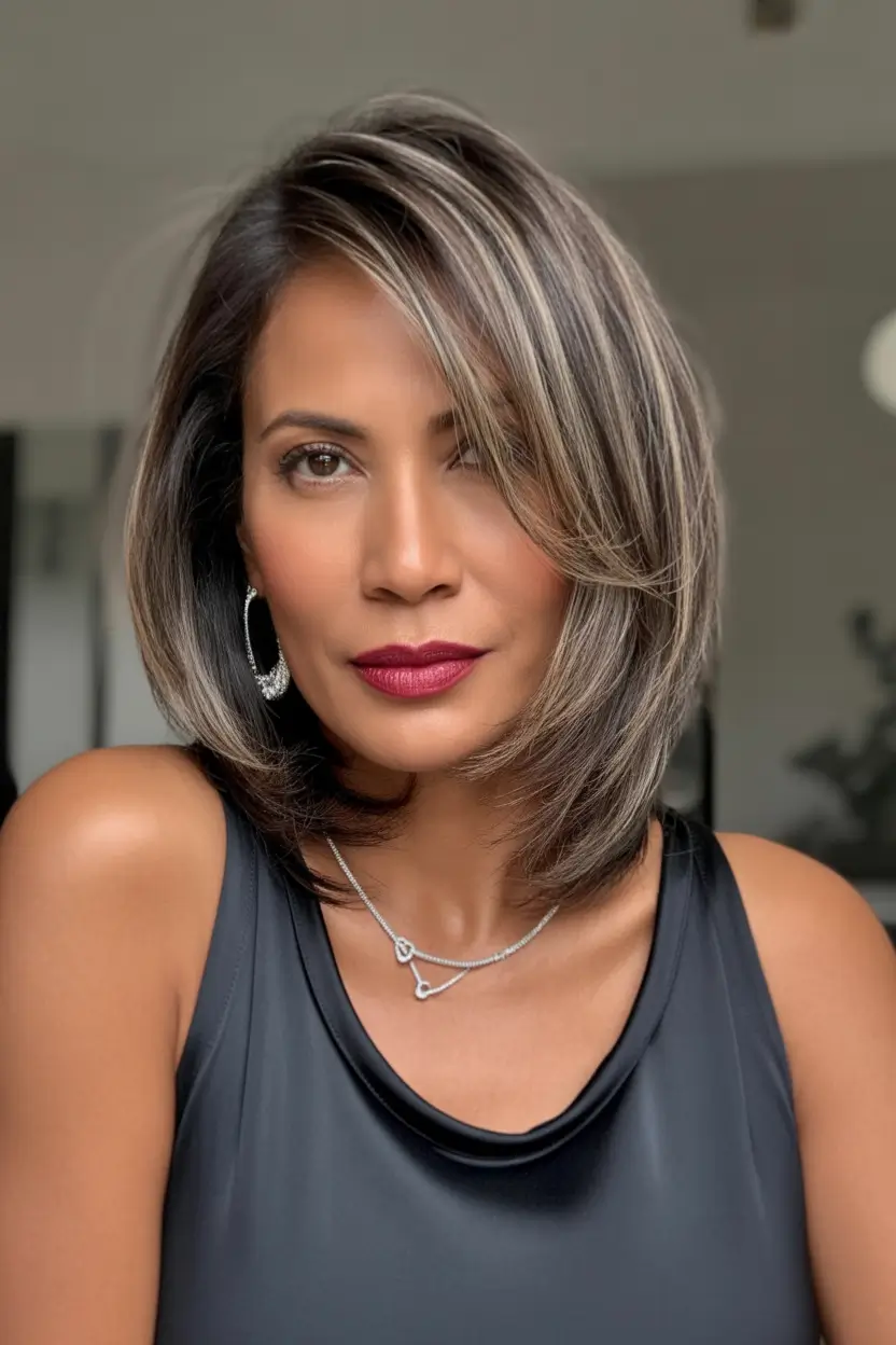 winter hairstyles and color for women over 40 Layered Short Bob with Silver Highlights