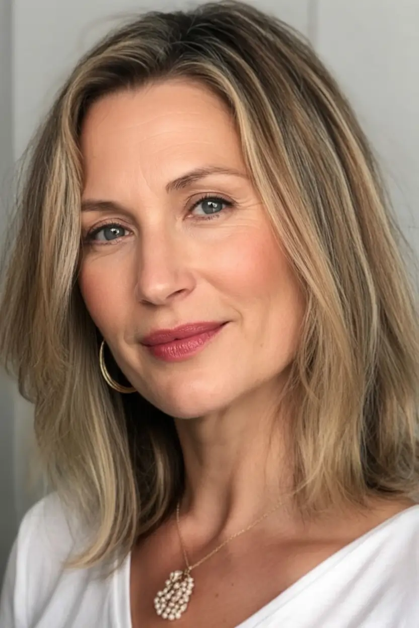 winter hairstyles and color for women over 40 Soft Blonde Mid-Length with Natural Movement