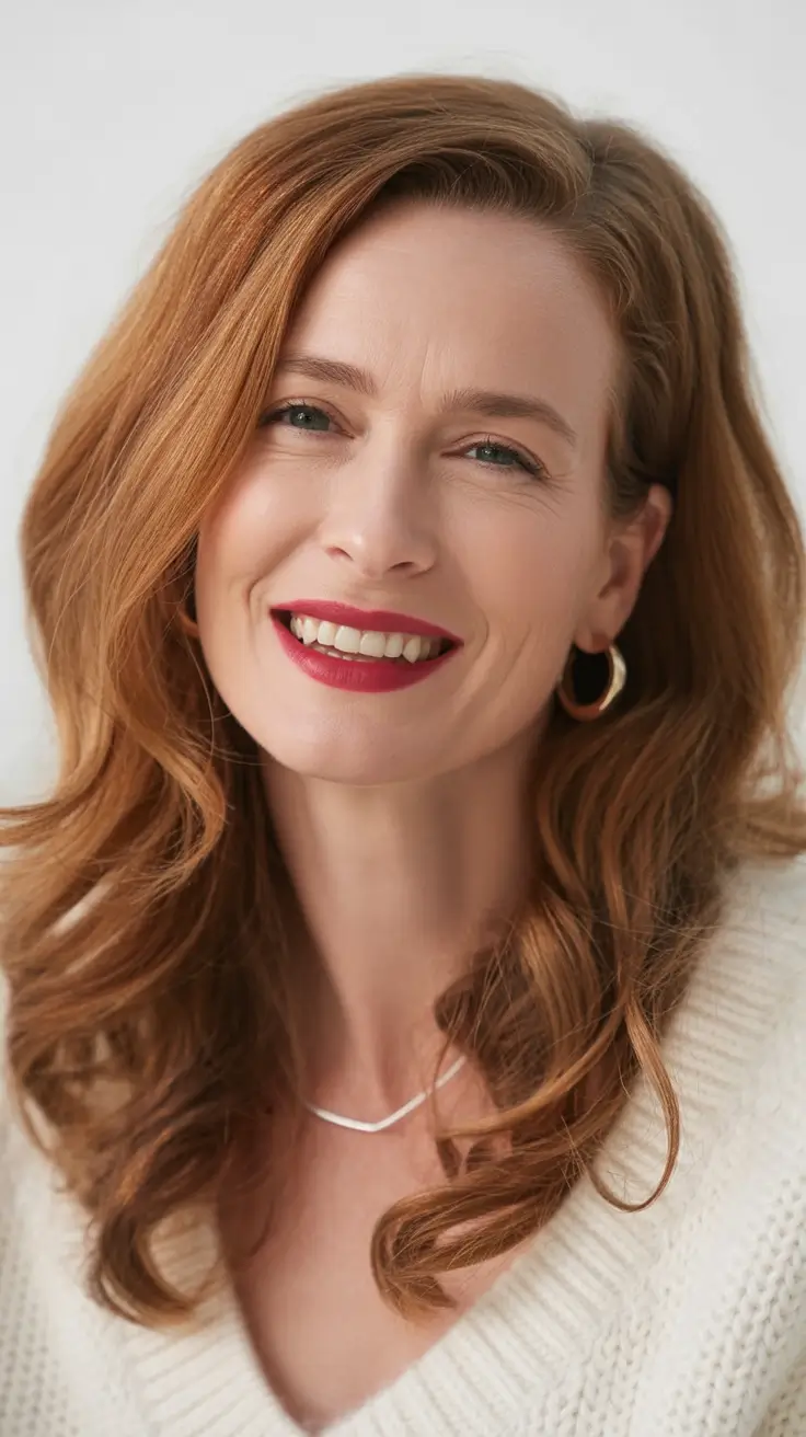 winter hairstyles and color for women over 40 Warm Cinnamon Layers with Playful Texture