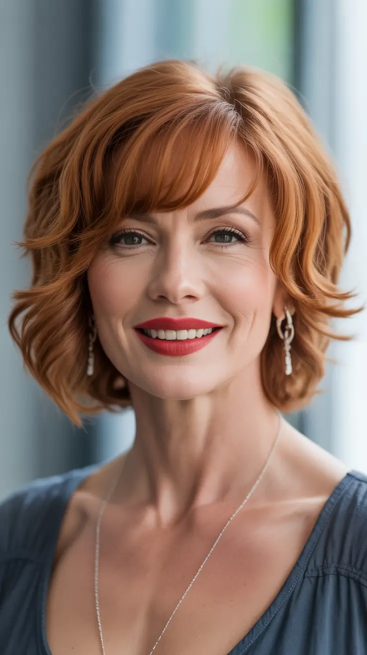 winter hairstyles and color for women over 40 Warm Copper Elegance With a Playful Short Bob