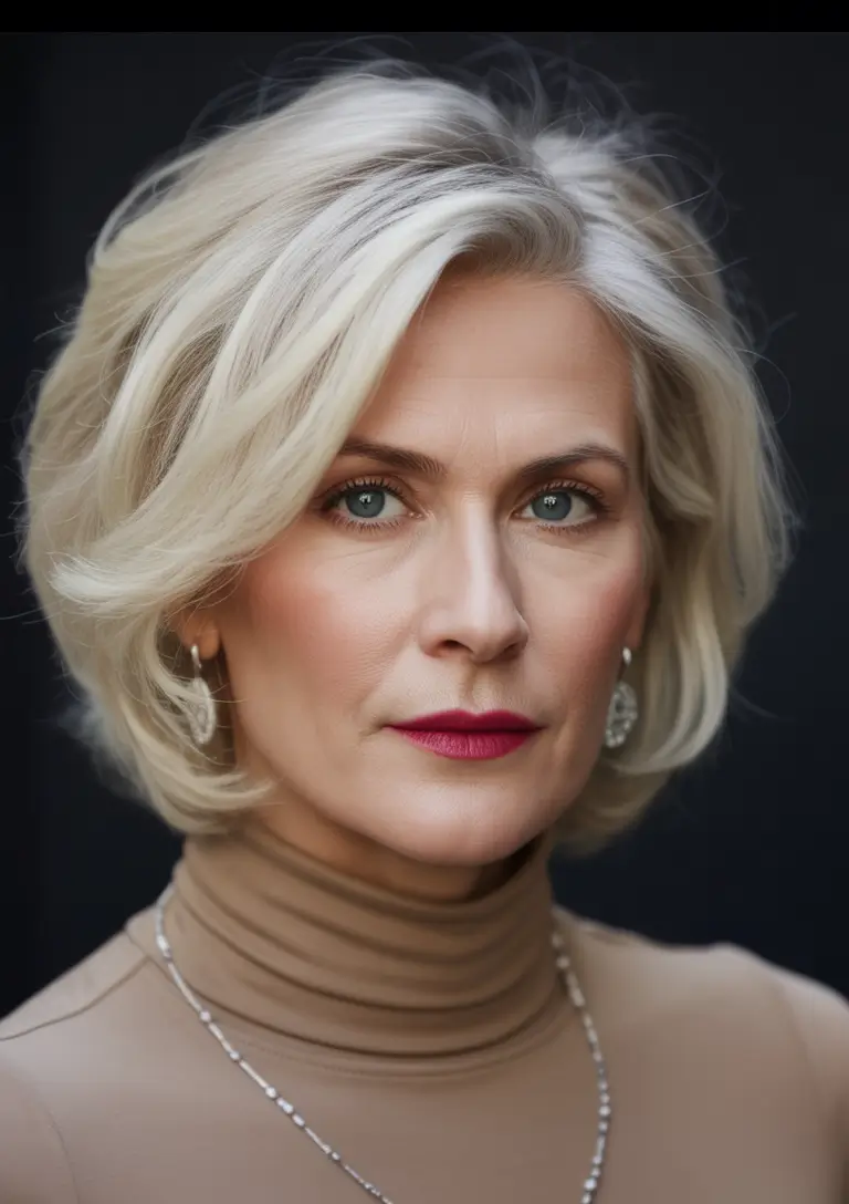 winter hairstyles and color for women over 40 Snowy Blonde Sophistication With Layered Volume