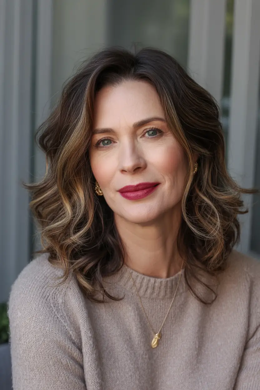 winter hairstyles and color for women over 40 Effortless Shoulder-Length Curls with Soft Dimension