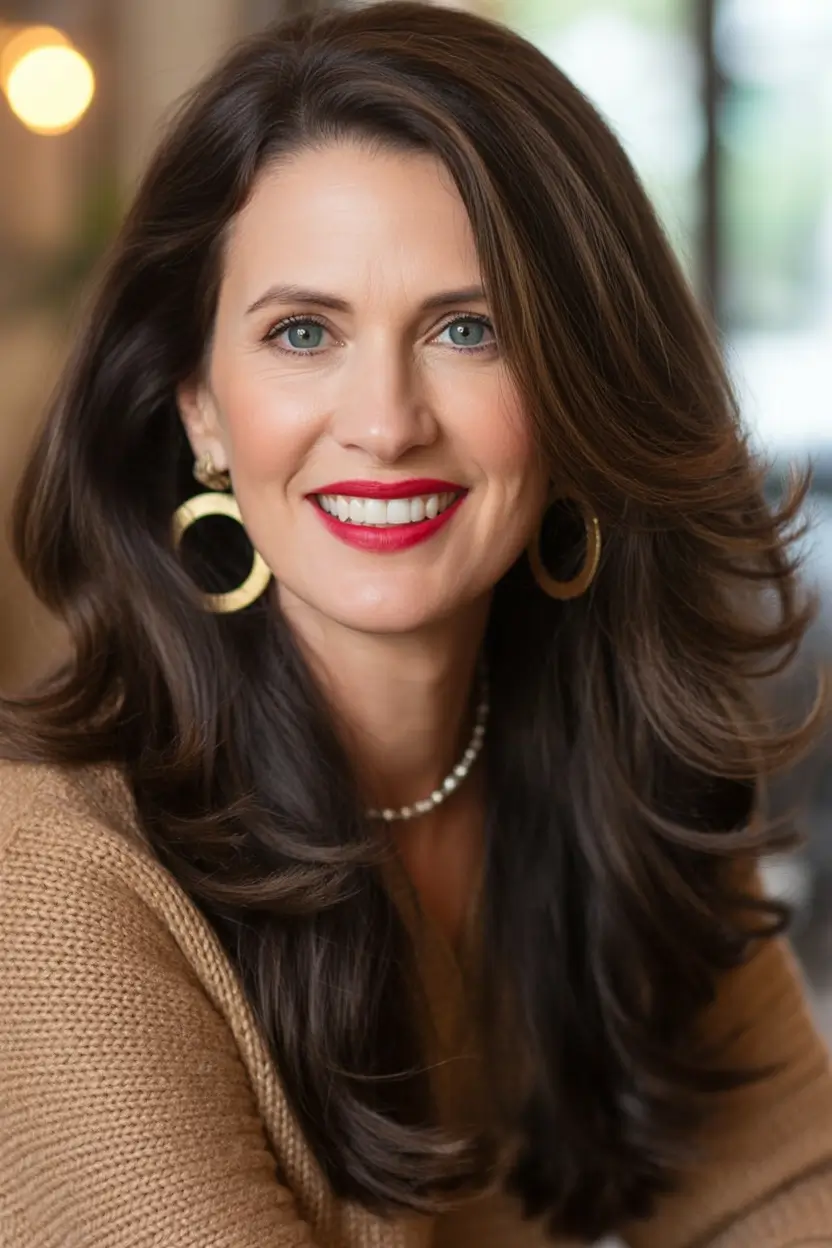 winter hairstyles and color for women over 40 Voluminous Layers with a Polished Finish