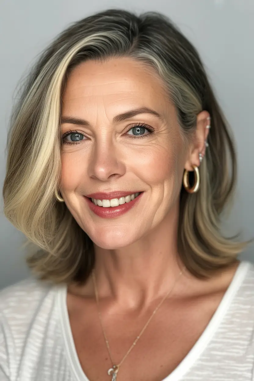 winter hairstyles and color for women over 40 Polished Blonde Lob with Natural Shine