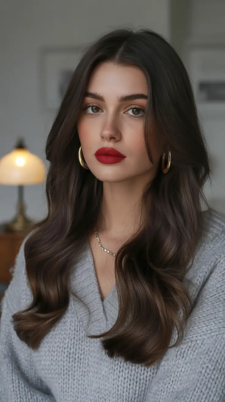 Hair Colors Ideas for Winter 2025-2026 Glossy Brunette Elegance