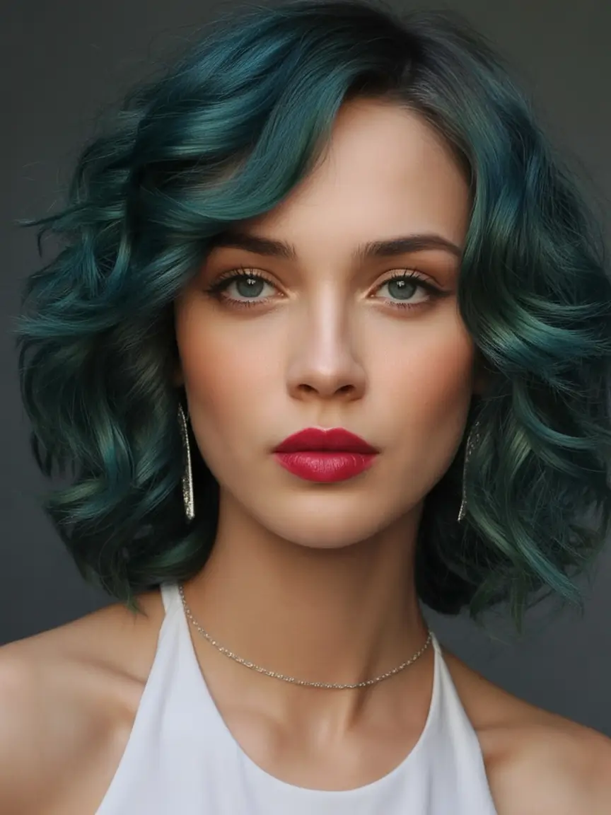 Hair Colors Ideas for Winter 2025-2026 Deep Teal Short Waves for a Cool Edge