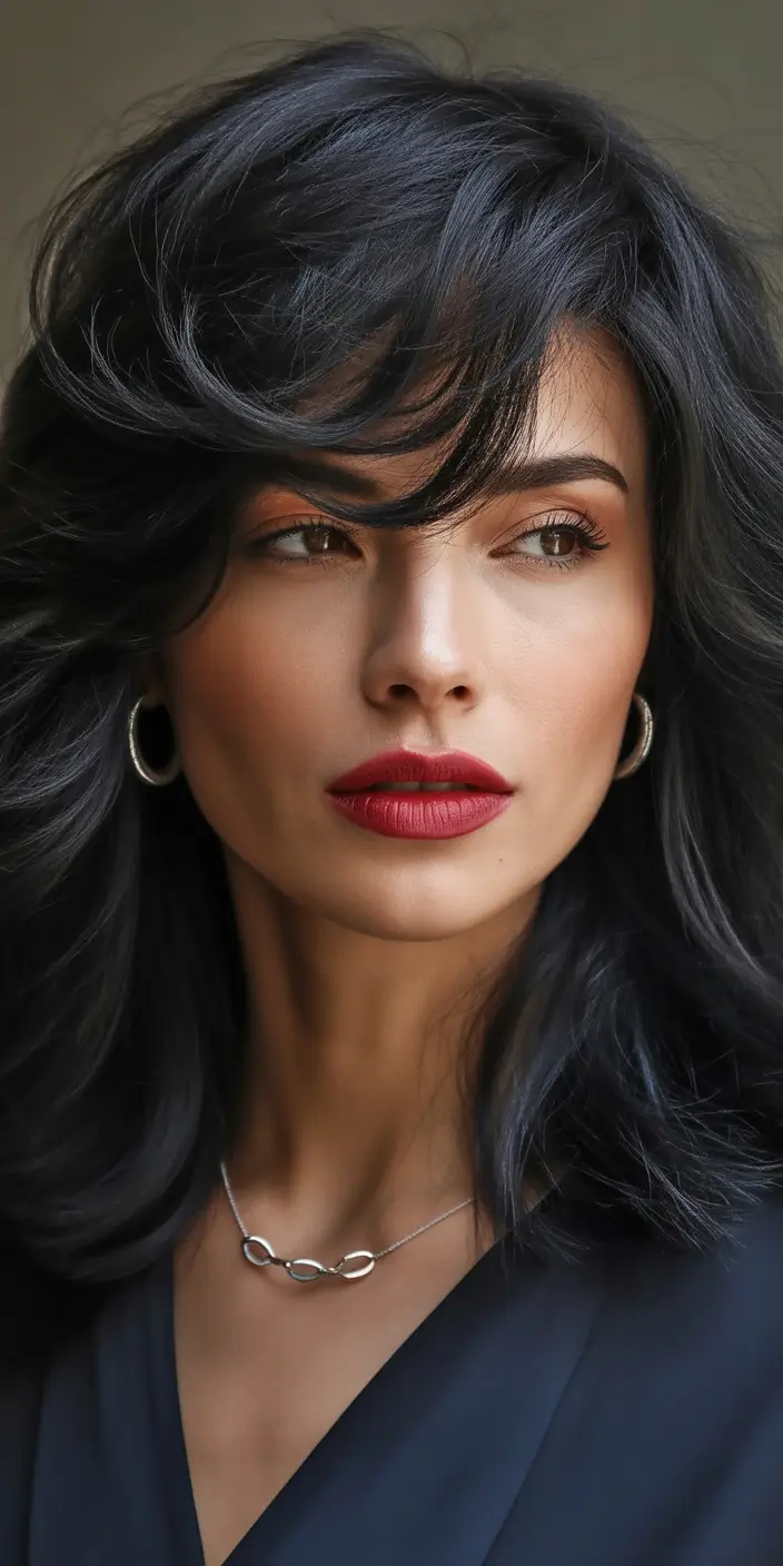 Hair Colors Ideas for Winter 2025-2026 Glossy Jet Black Layers With Volume