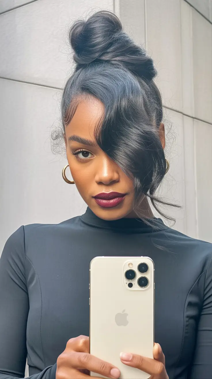 winter hairstyles for black women wigs Glossy Top Knot with a Side Wave