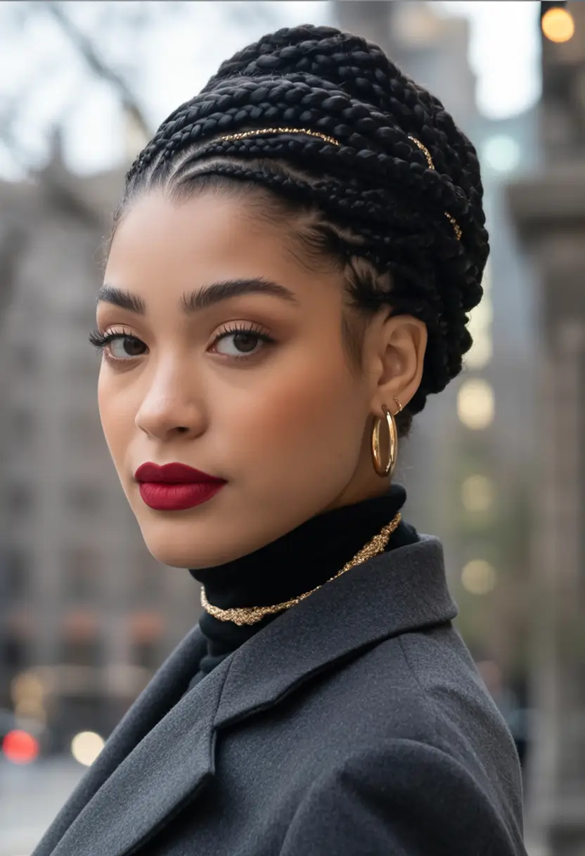 winter hairstyles for black women braids Elegant Braided Updo with Golden Threads