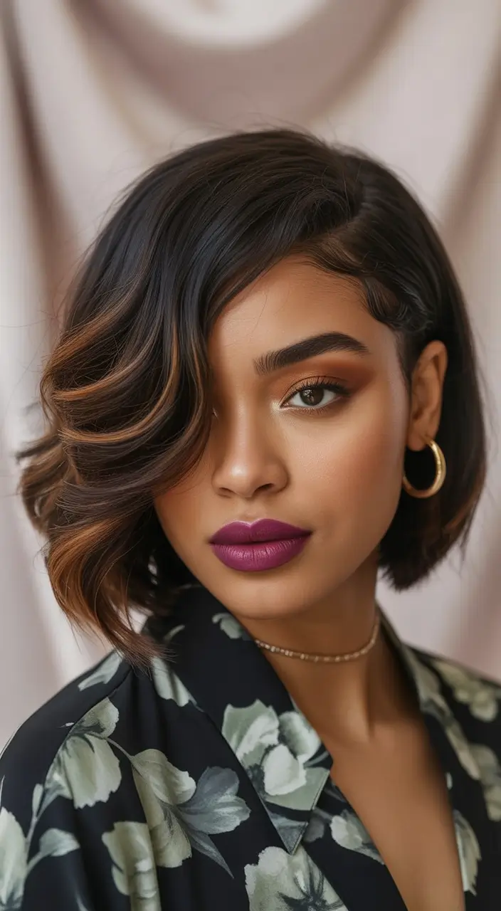 winter hairstyles for black women 2025 Layered Bob with Bold Lip Energy