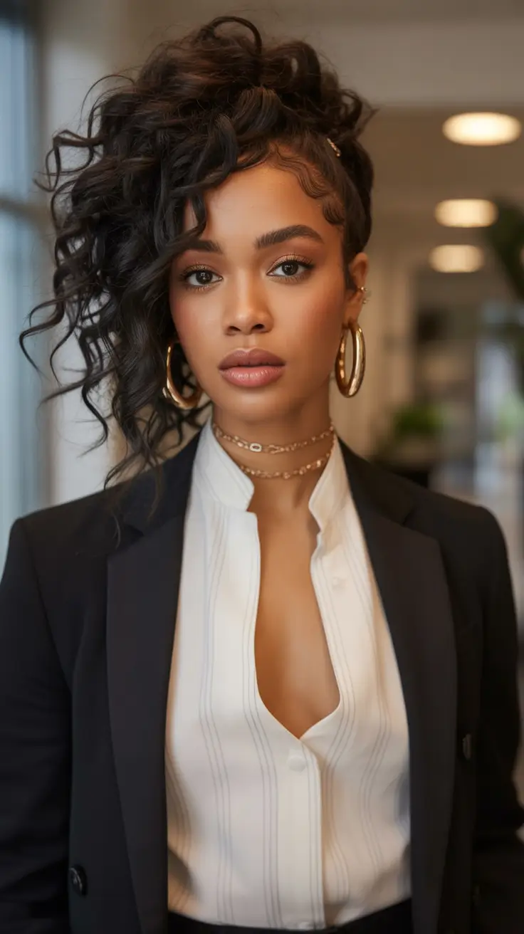 winter hairstyles for black women 2025 updo Side-Swept Curly Updo