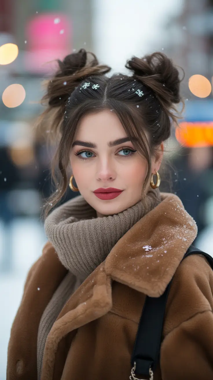 winter hairstyles Playful Space Buns With Snowflake Accents