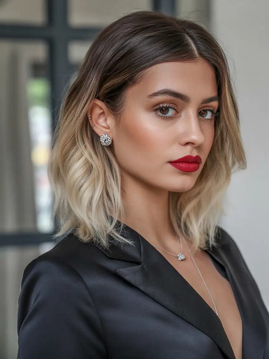 winter hairstyles Textured Blonde Lob With Dark Roots