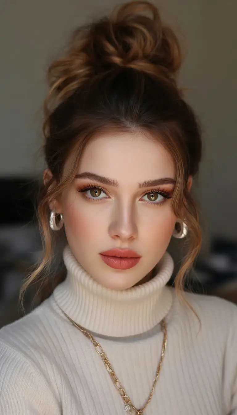 winter hairstyles Voluminous Messy Bun With Soft Pieces