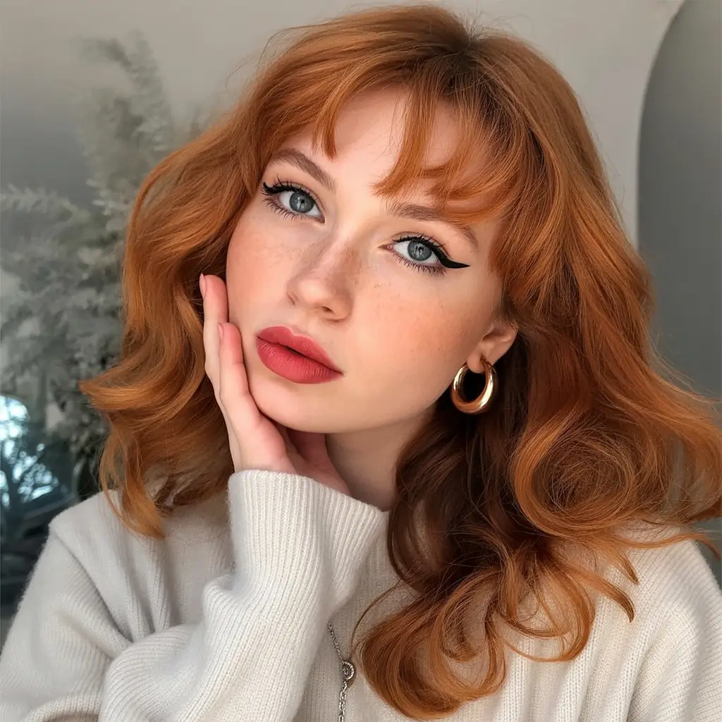 winter hairstyles Warm Copper Waves With Baby Bangs