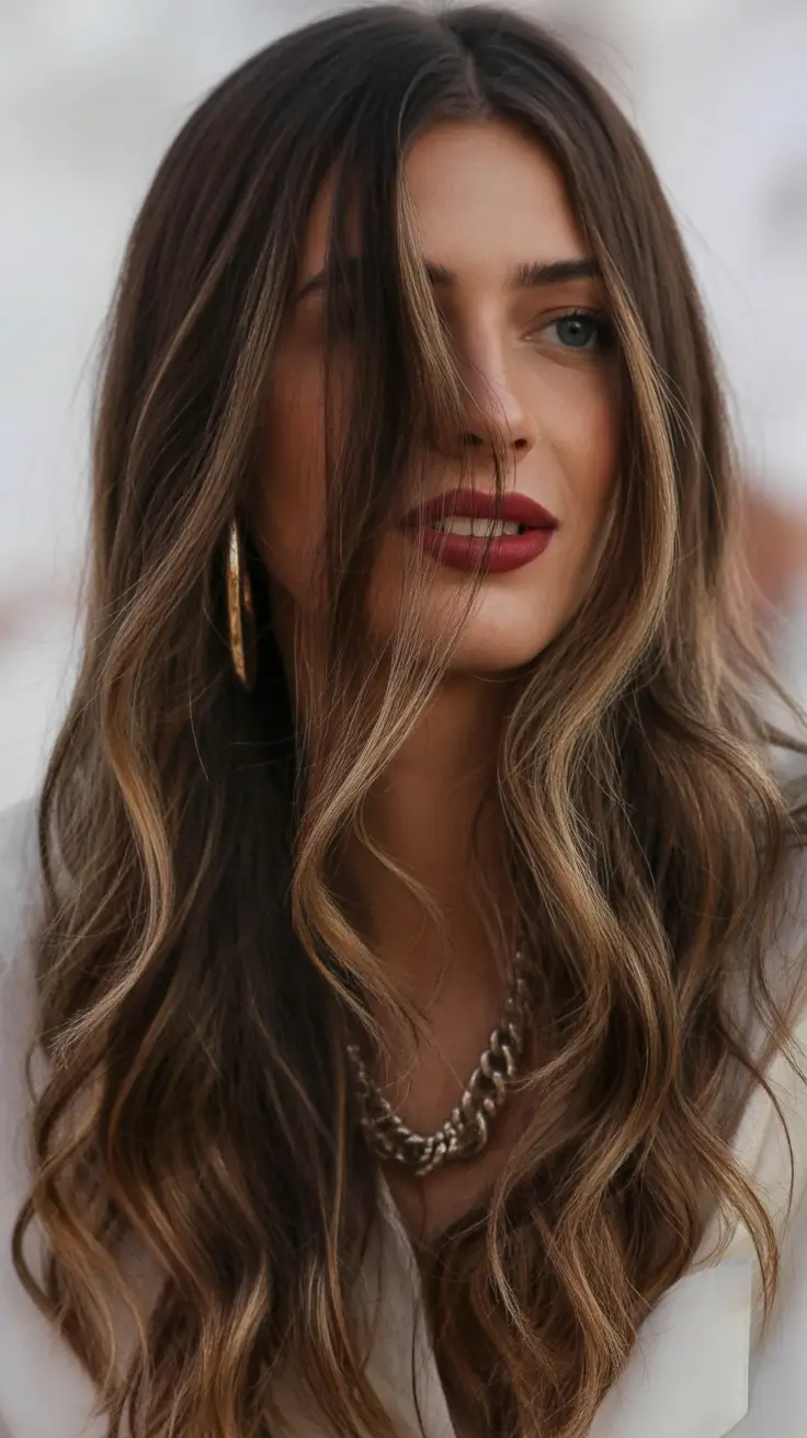 winter hairstyles Long Brunette Waves With a Natural Flow