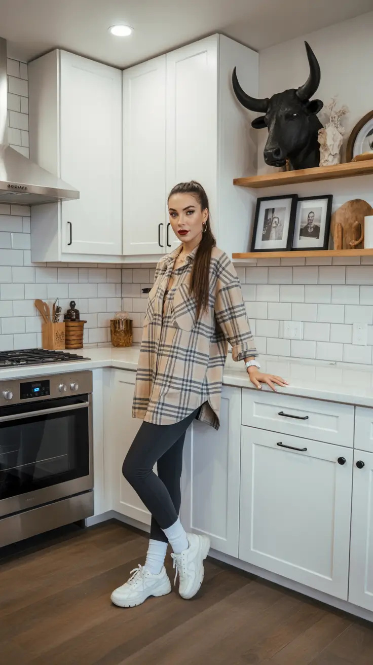 legging outfits ideas 2026 Classic Plaid and Cozy Vibes