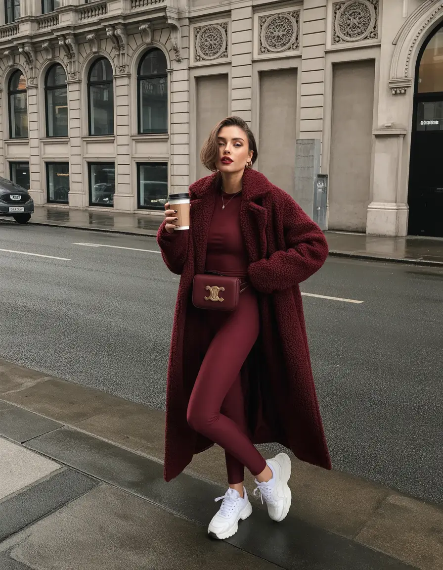 legging outfits ideas 2026 Wine-Toned City Cool