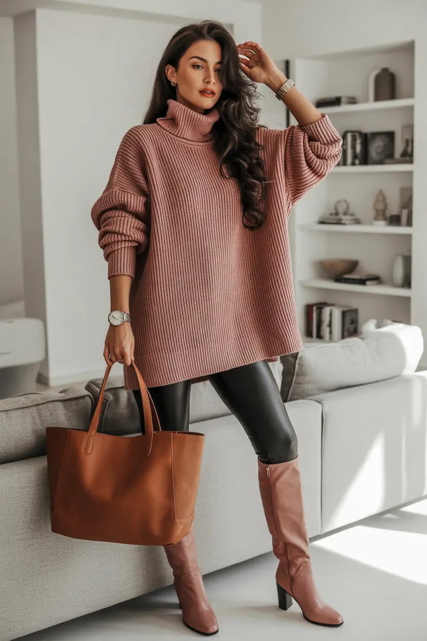 legging outfits ideas 2026 Rosy Knit Elegance