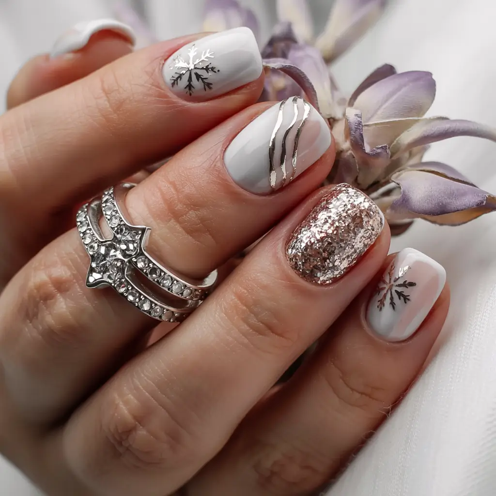 winter color nails 2025 frosted snowflake elegance