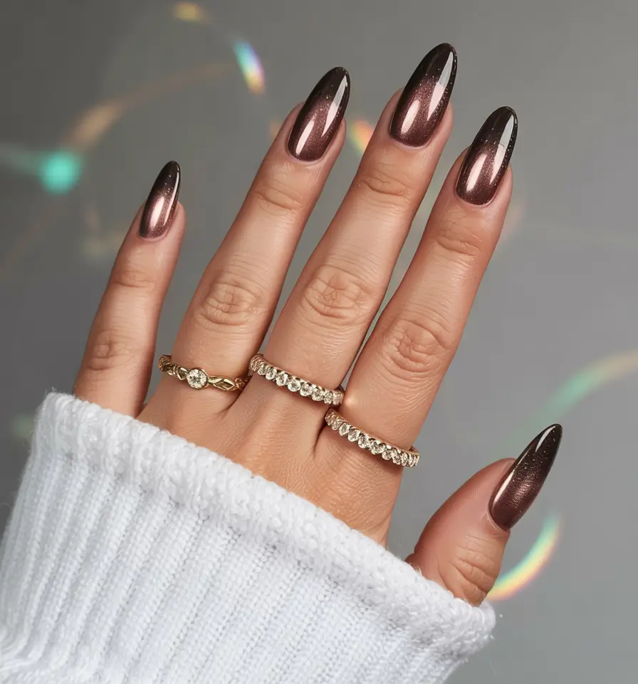 winter color nails acrylic bronze cat eye glam