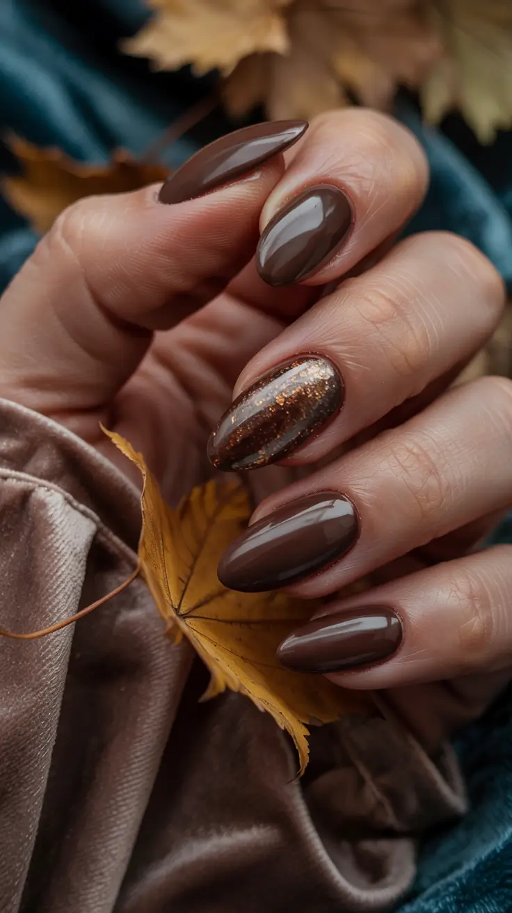 winter color nails almond chocolate and copper stripes