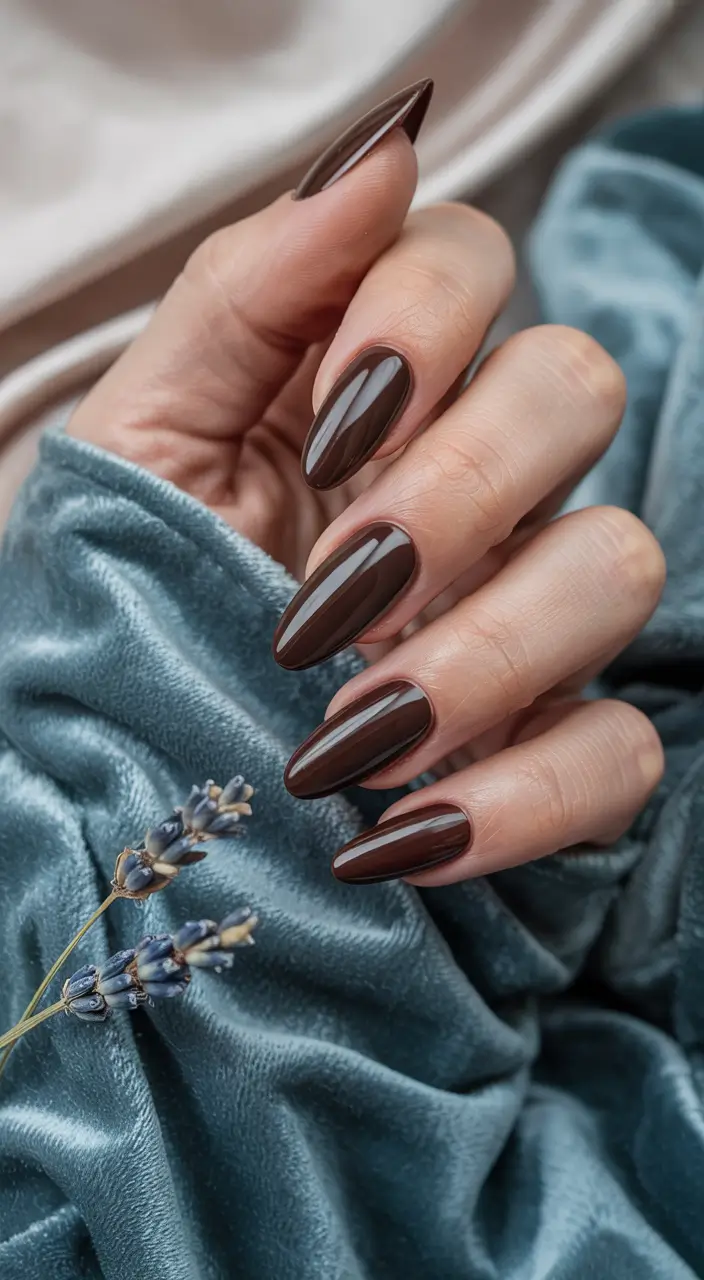 winter color nails 2025 velvety chocolate almonds