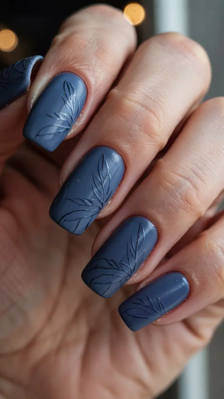 winter color nails gel 2025 matte navy with textured leaf impressions